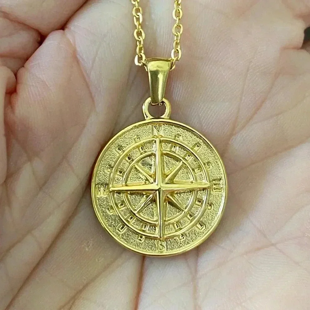 Compass Travel Waterproof 316L Stainless Steel in 18k Gold Necklace
